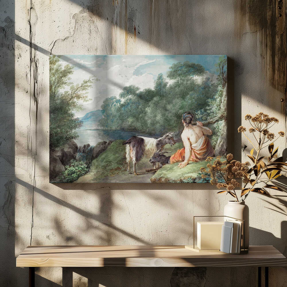 Shepherdess With Goats In a Landscape With a Lake - Poster / Art Print