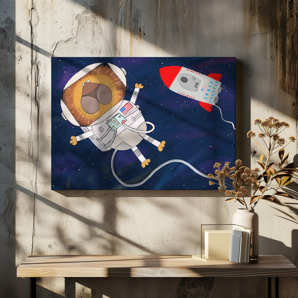 Funny Lion Astronaut is Swirling in Space by Artist Carla Daly - Poster / Art Print