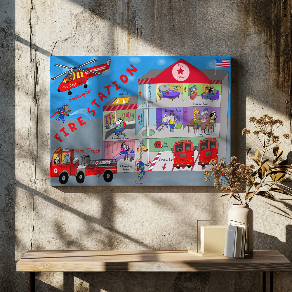 Firemen and the Fire Station by Artist Carla Daly - Poster / Art Print
