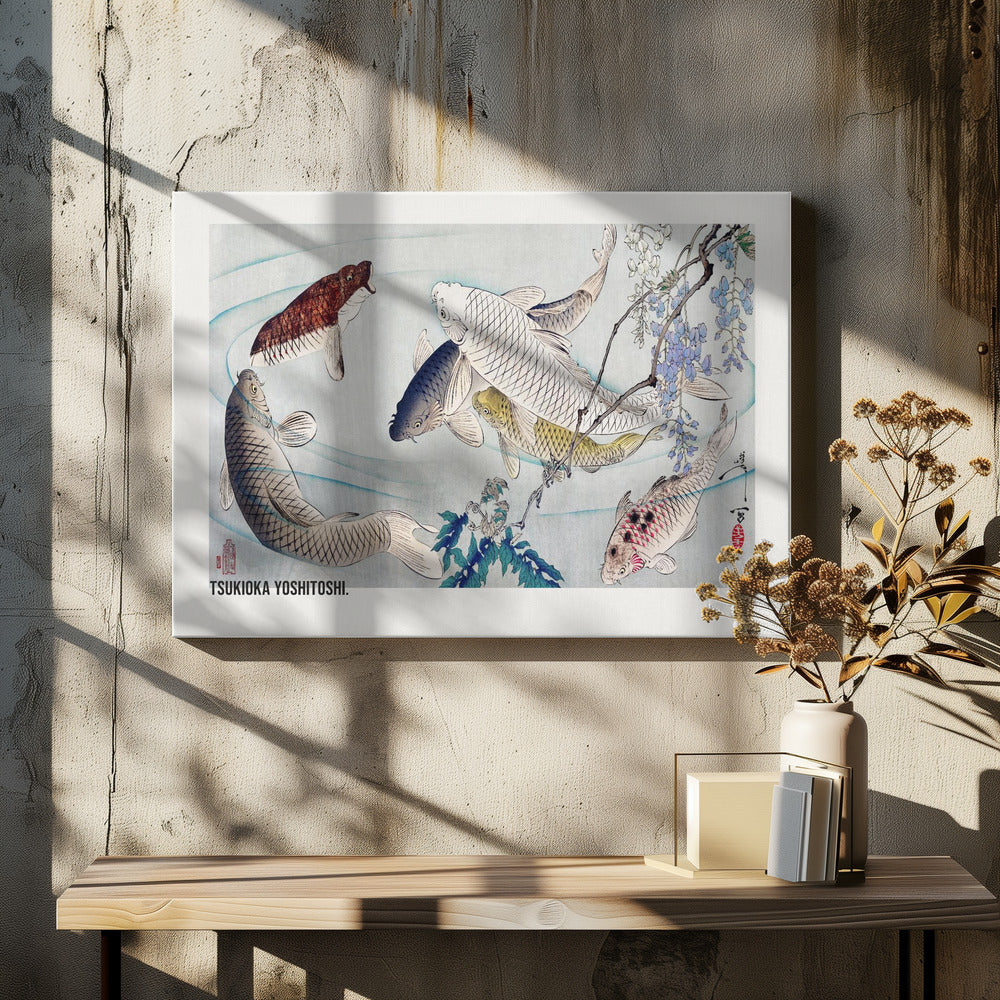 Six Carp Swimming Beneath Wisteria (1889) - Poster / Art Print