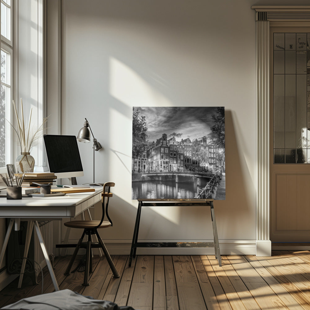 AMSTERDAM Idyllic impression from Singel - Monochrome - Poster / Art Print