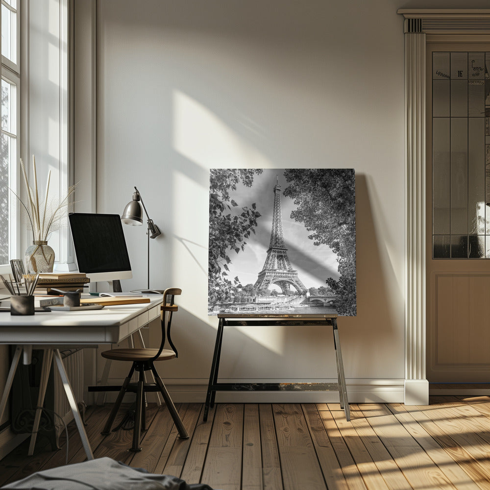 PARIS Eiffel Tower & River Seine - Monochrome - Poster / Art Print