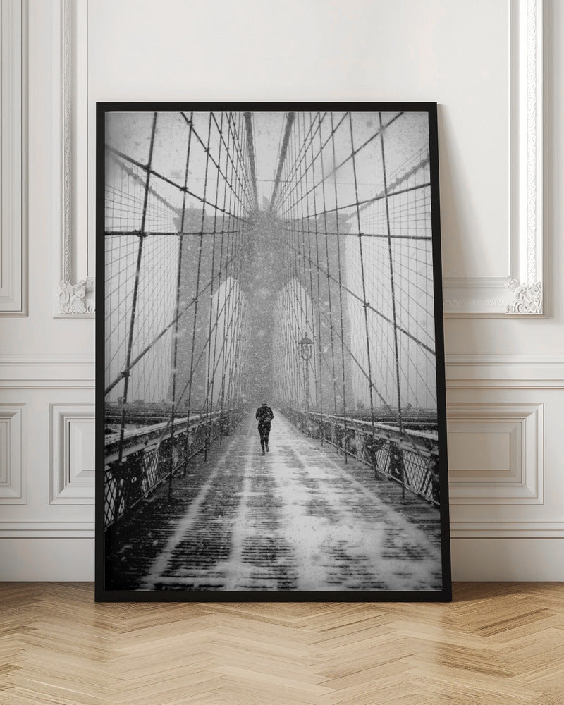 New York Walker in Blizzard - Brooklyn Bridge - Poster / Art Print