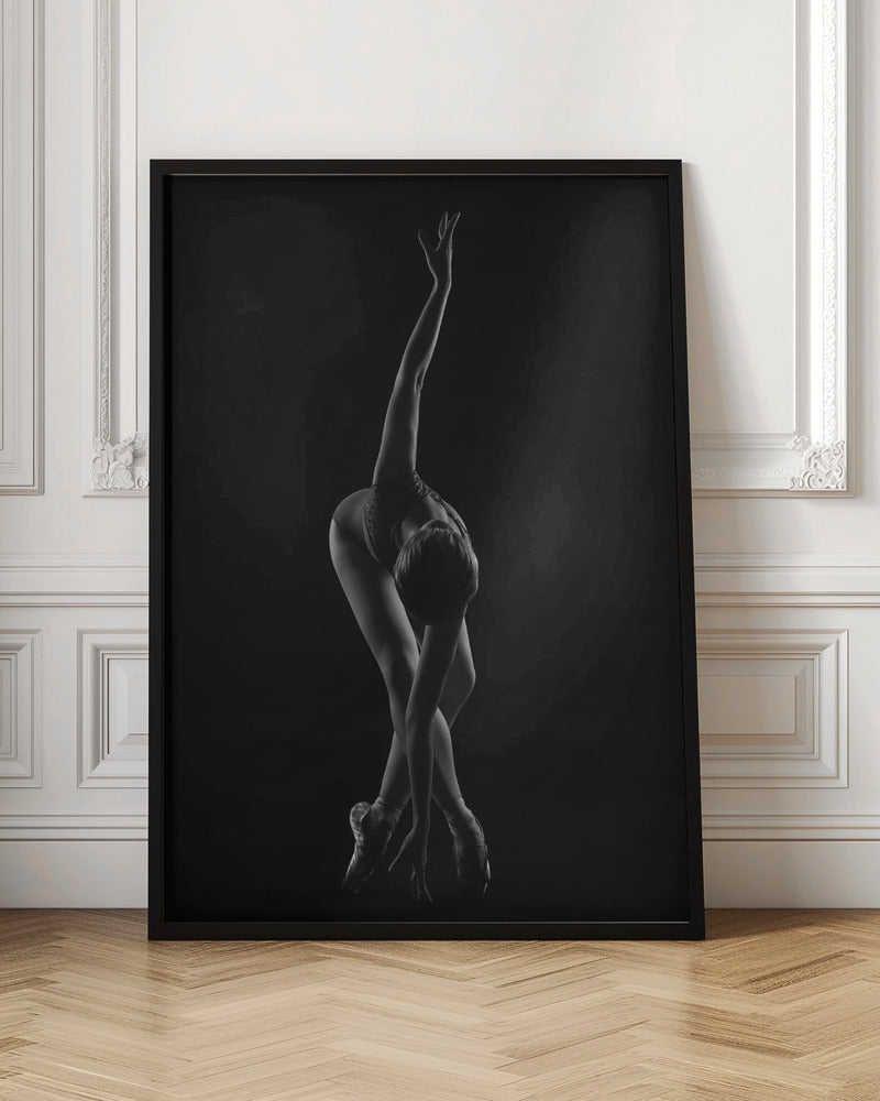 strings. the ballerina is standing on pointe shoes leaning forward and wrapping her arm around - Poster / Art Print