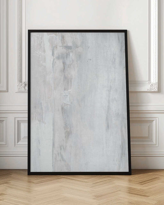 Abstract painting with textured white and grey vertical strokes, creating a distressed, minimalist look.