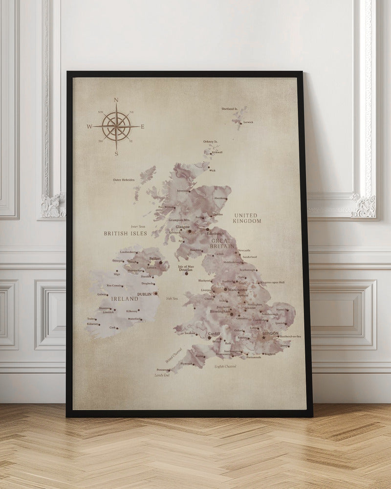 Sepia karta av Storbritannien - Poster / Art Print