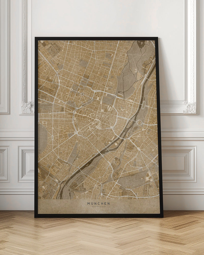 Sepia vintage karta av München innerstad i Tyskland - Poster / Art Print