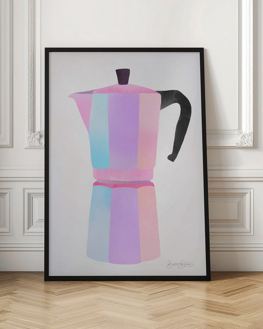 A watercolor illustration of a Moka pot coffee maker painted with vertical stripes in pastel shades of pink, purple, and blue. The pot has a black handle and knob and is set against a plain off-white background within a black frame. Print
