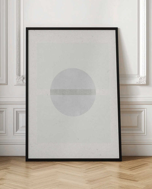 Minimalist geometric art featuring a grey circle crossed by a darker grey stripe on a textured off-white paper.