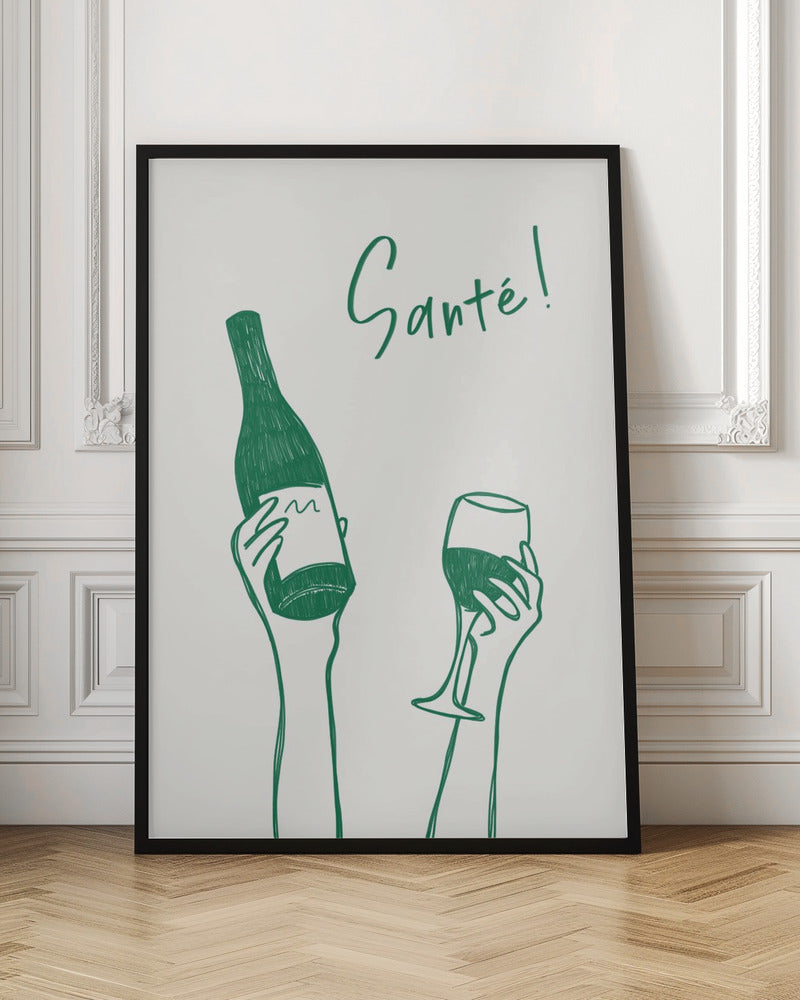 Hands holding a wine bottle and a wine glass with the text "Cheers!" in French - Poster / Art Print