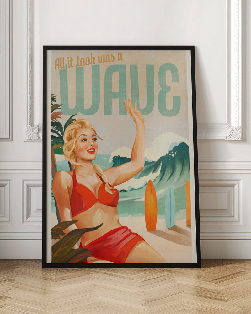 Surfing Pinup Girl On Beach In Bikini - Poster / Art Print