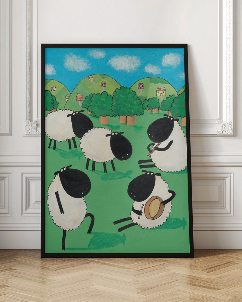 Funny Sheep Dancing in a Green Field by Artist Carla Daly - Poster / Art Print