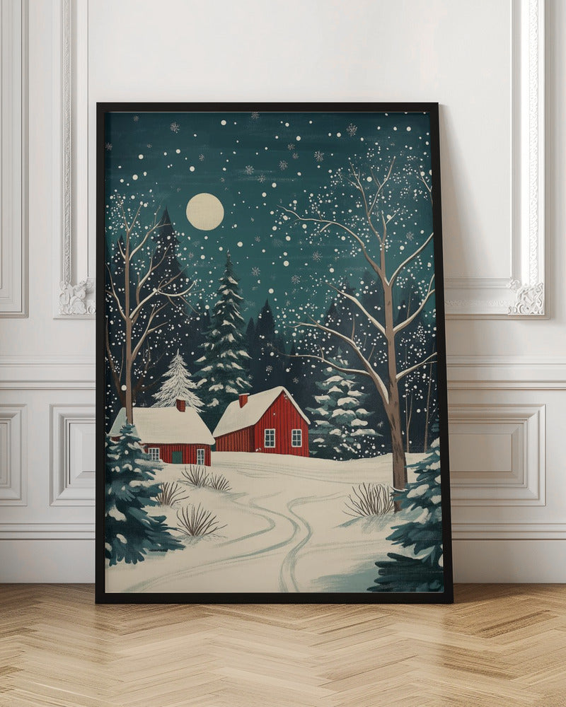 Red Houses and Snowy night sky - Poster / Art Print