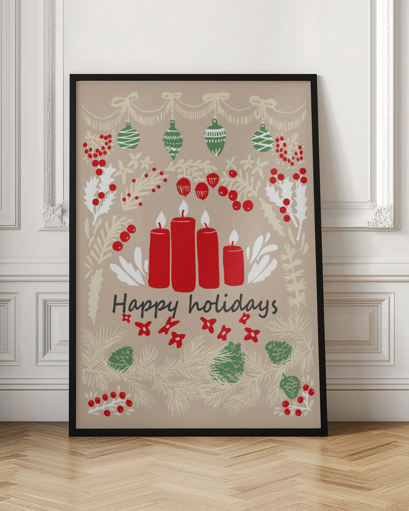 happy holidays - folk art illustration - Poster / Art Print