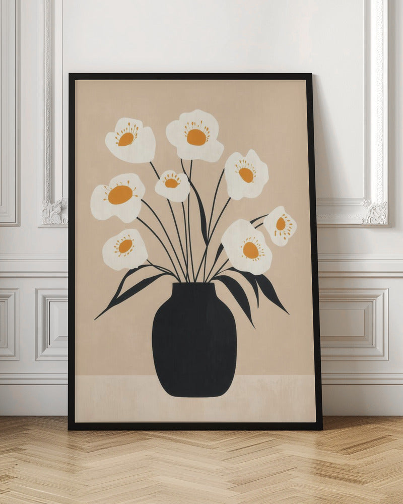 White Flowers in Black Vase - Poster / Art Print