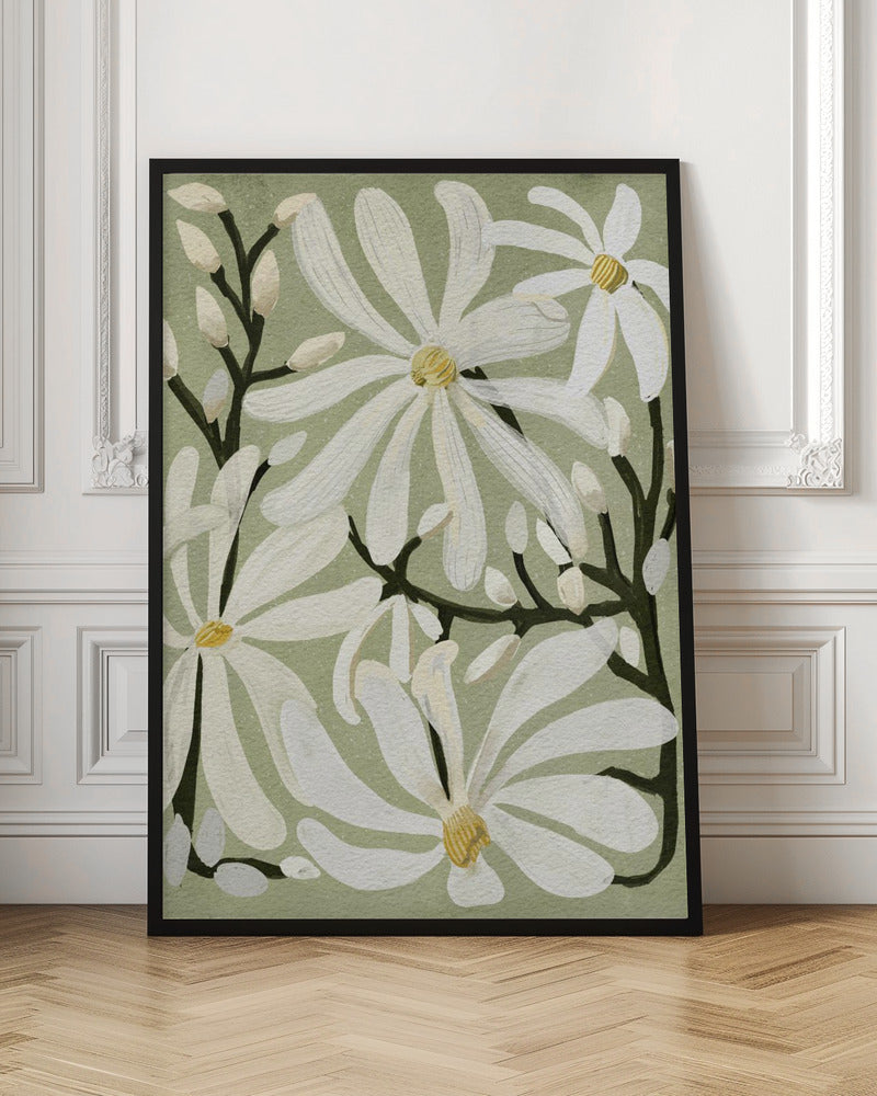 Star Magnolia Florals on Sage background - Poster / Art Print