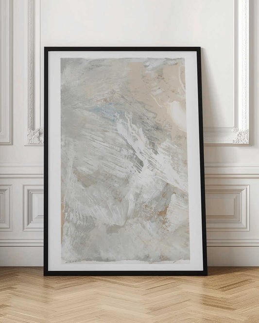 Abstract painting with dynamic brushstrokes in soft, neutral tones of grey, beige, and white. Modern textured wall art.