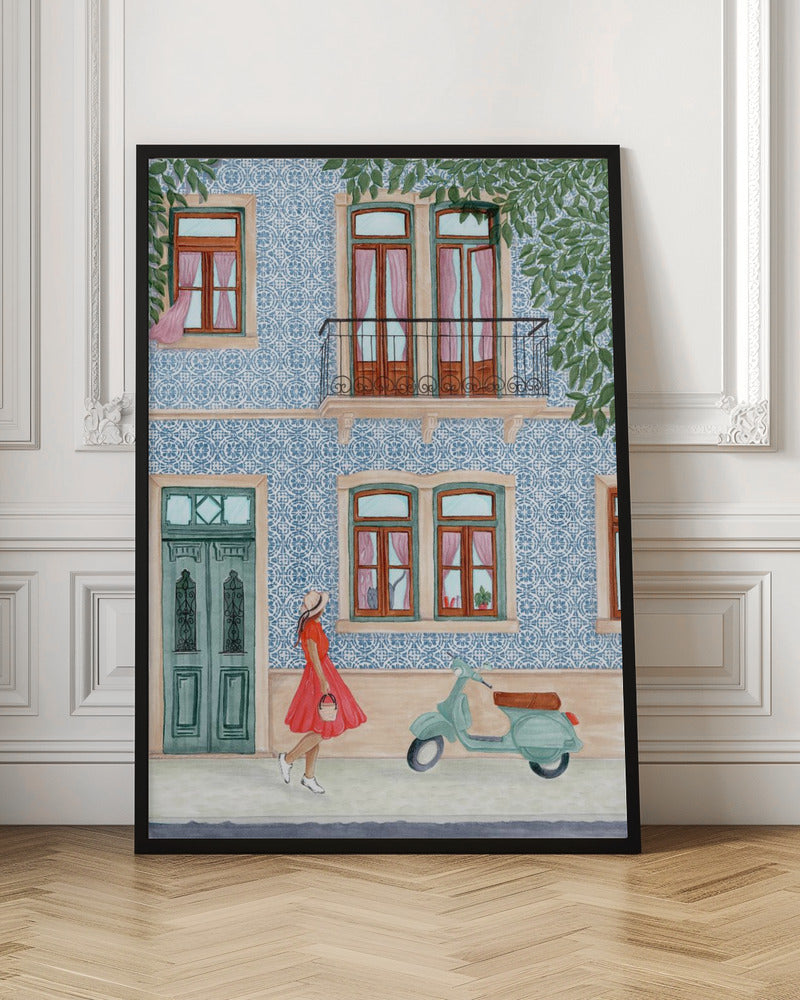 Street Scene with Elegant Woman in Red Dress - Poster / Art Print