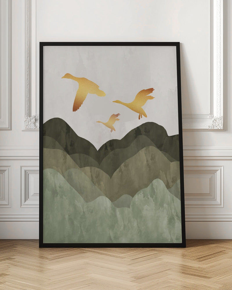 Golden Birds Flying Over Mountains - Poster / Art Print