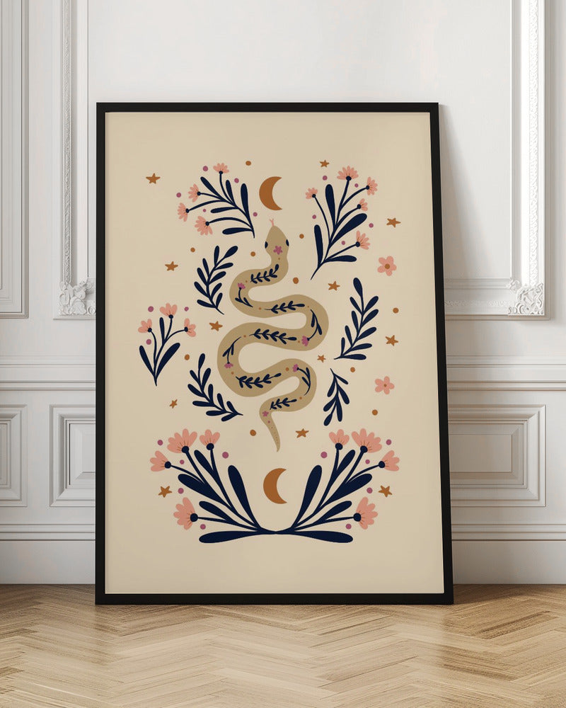 Snake And Flowers Beige And Indigo - Poster / Art Print
