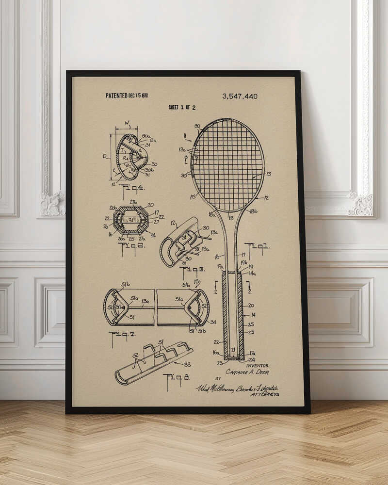 Tennis Racket Patent 1970 - Poster / Art Print