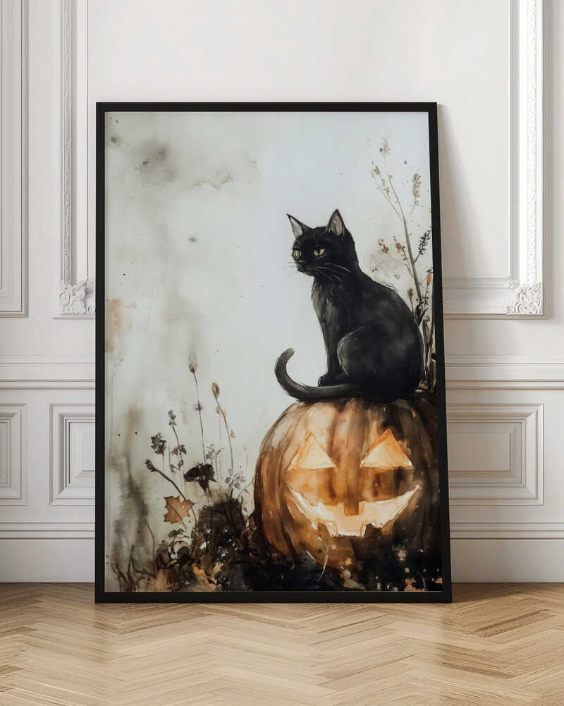Black Cat and Pumpkin Halloween Scene (2) - Poster / Art Print