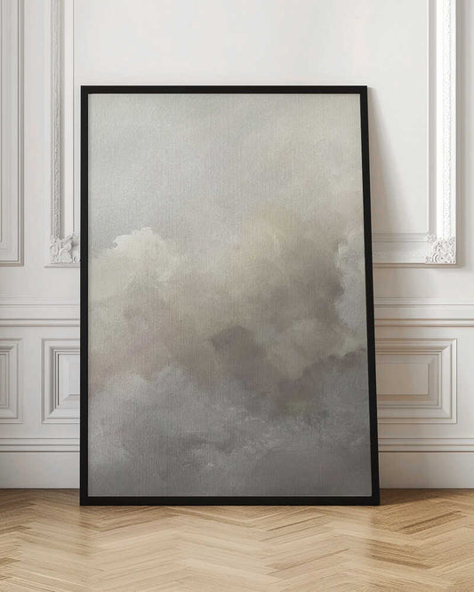 Abstract painting of moody, soft clouds in neutral beige and grey tones.