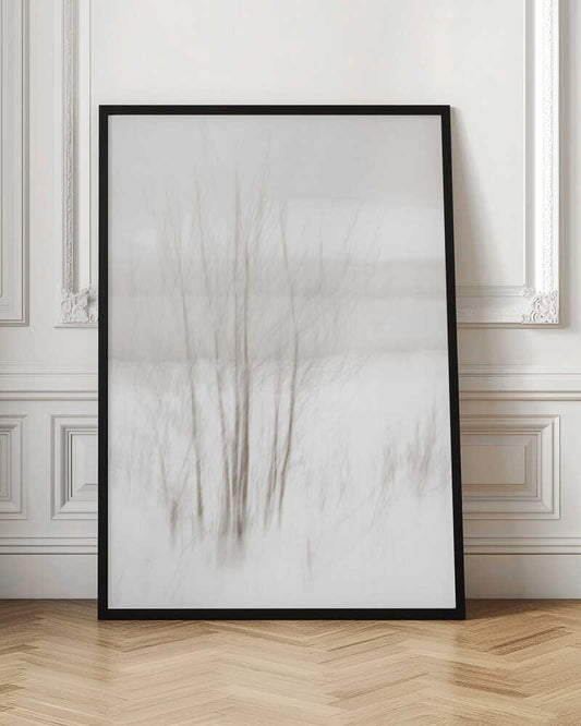 Abstract photo of bare trees in a misty, white winter landscape.