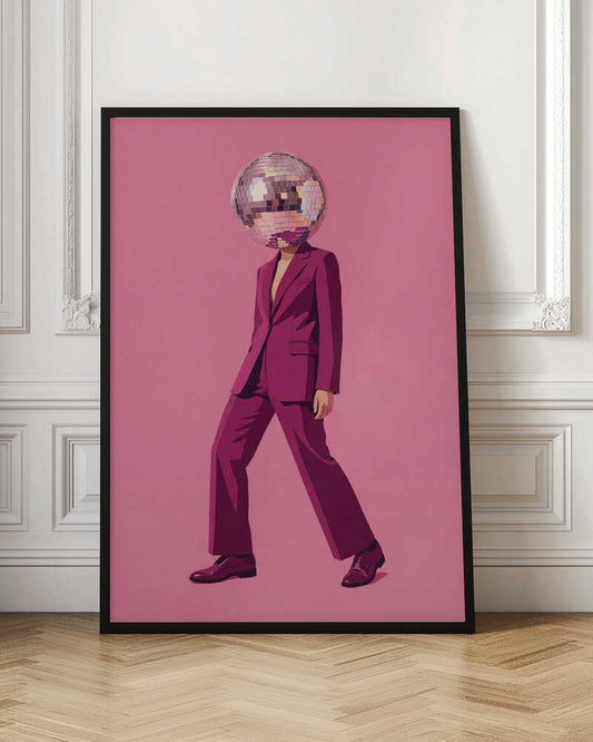 A person with a disco ball for a head wearing a magenta suit against a pink background, surreal wall art.