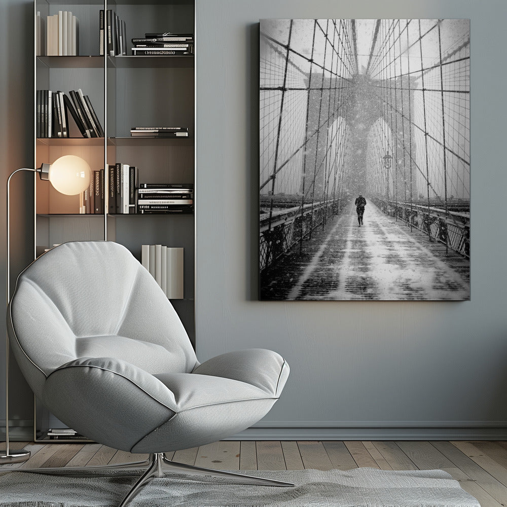 New York Walker in Blizzard - Brooklyn Bridge - Poster / Art Print