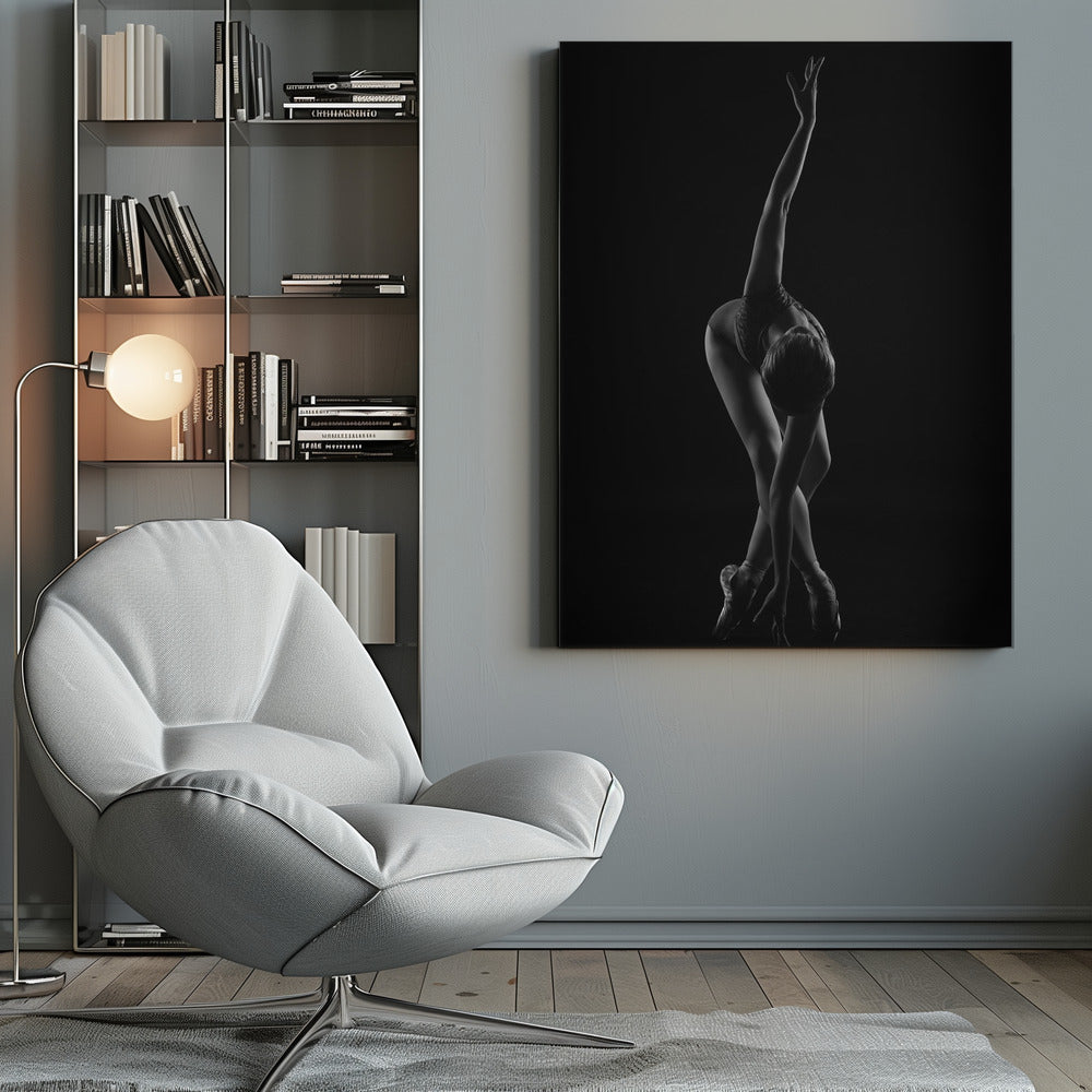 strings. the ballerina is standing on pointe shoes leaning forward and wrapping her arm around - Poster / Art Print