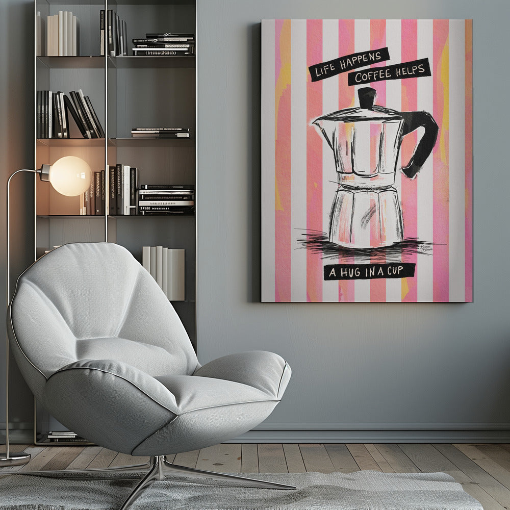 Mocca Coffee on Stripes - Hug in a Cup - Poster / Art Print