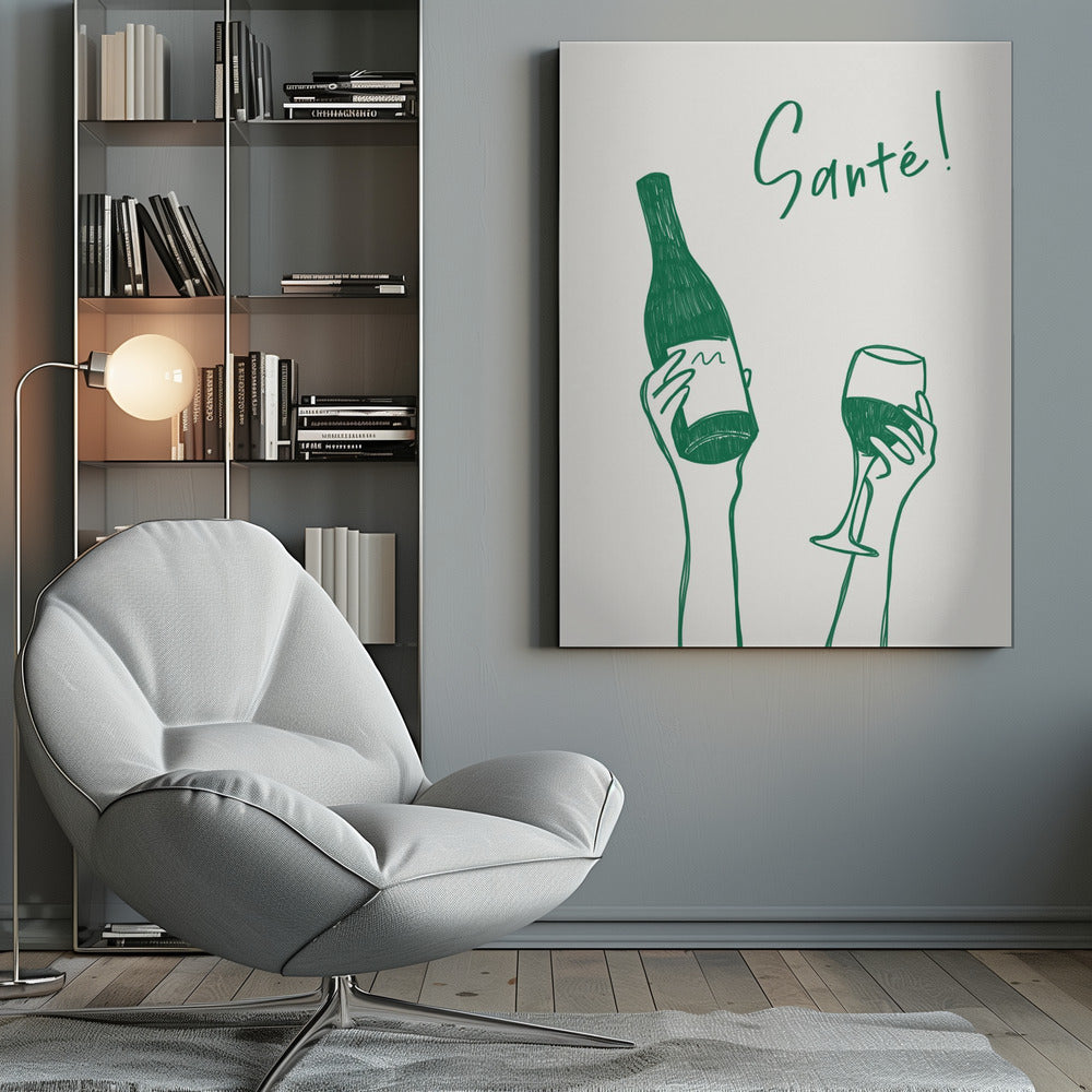 Hands holding a wine bottle and a wine glass with the text "Cheers!" in French - Poster / Art Print