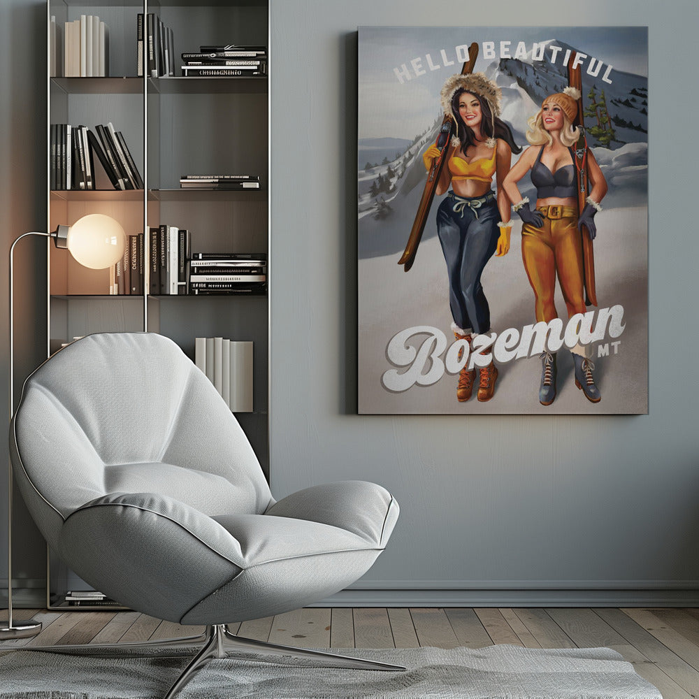 Hello Beautiful Bozeman Montana Ski Pinup Girls - Poster / Art Print