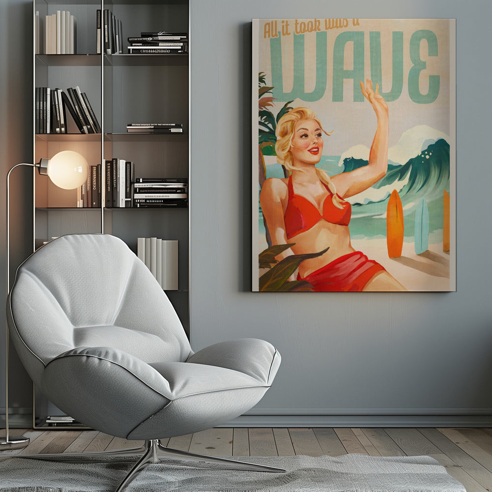 Surfing Pinup Girl On Beach In Bikini - Poster / Art Print