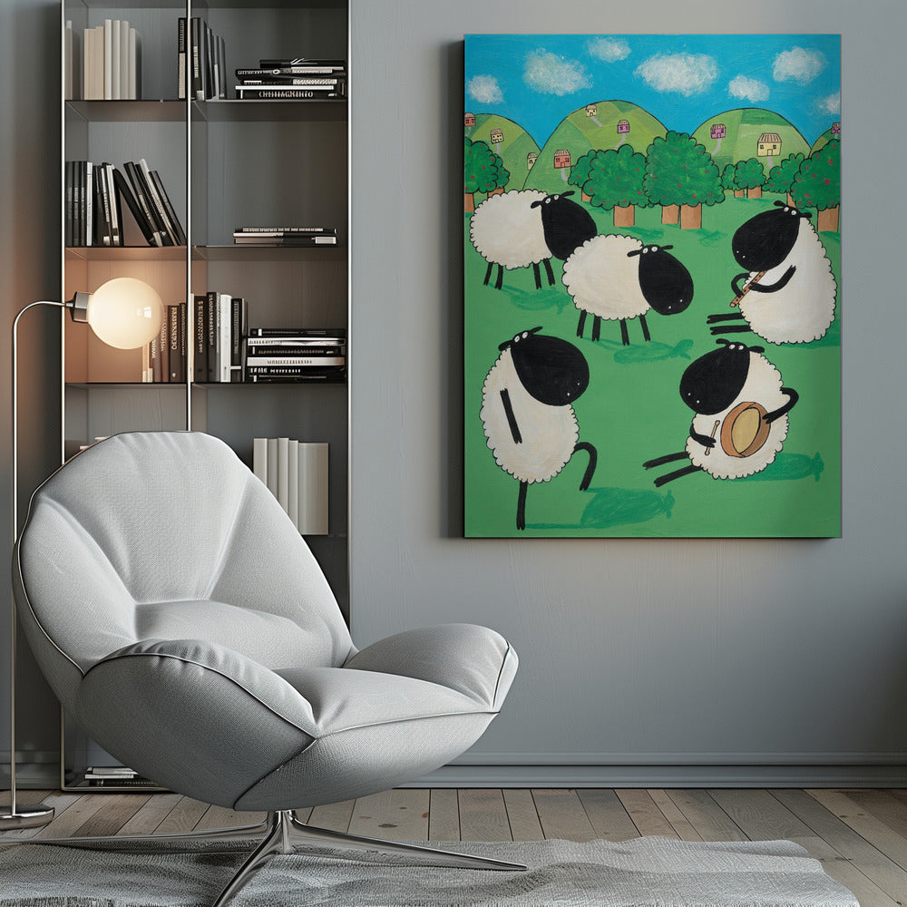 Funny Sheep Dancing in a Green Field by Artist Carla Daly - Poster / Art Print