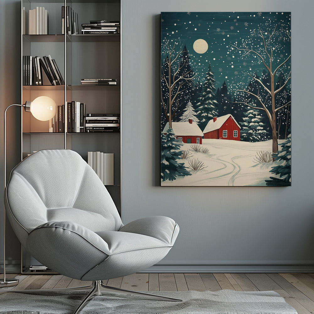 Red Houses and Snowy night sky - Poster / Art Print