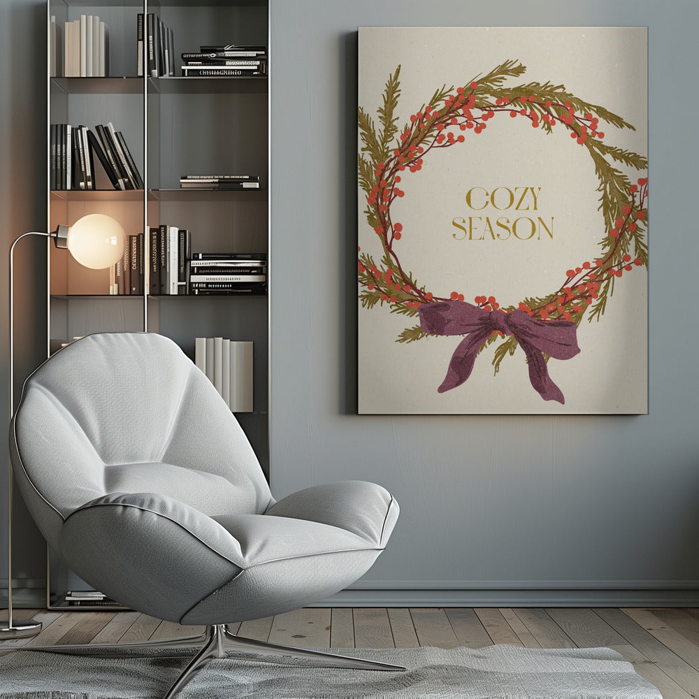 Cozy Season. Christmas wreath with bow - Poster / Art Print