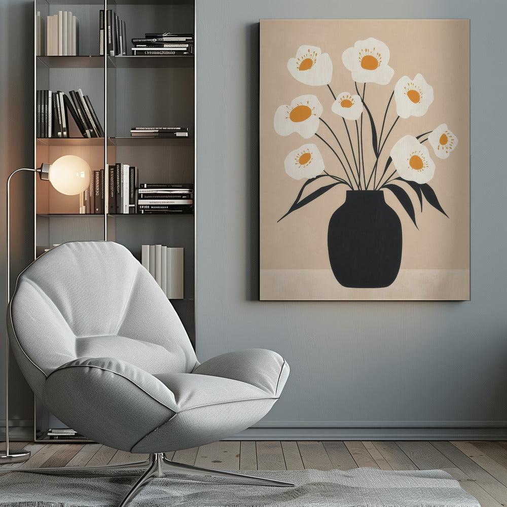 White Flowers in Black Vase - Poster / Art Print