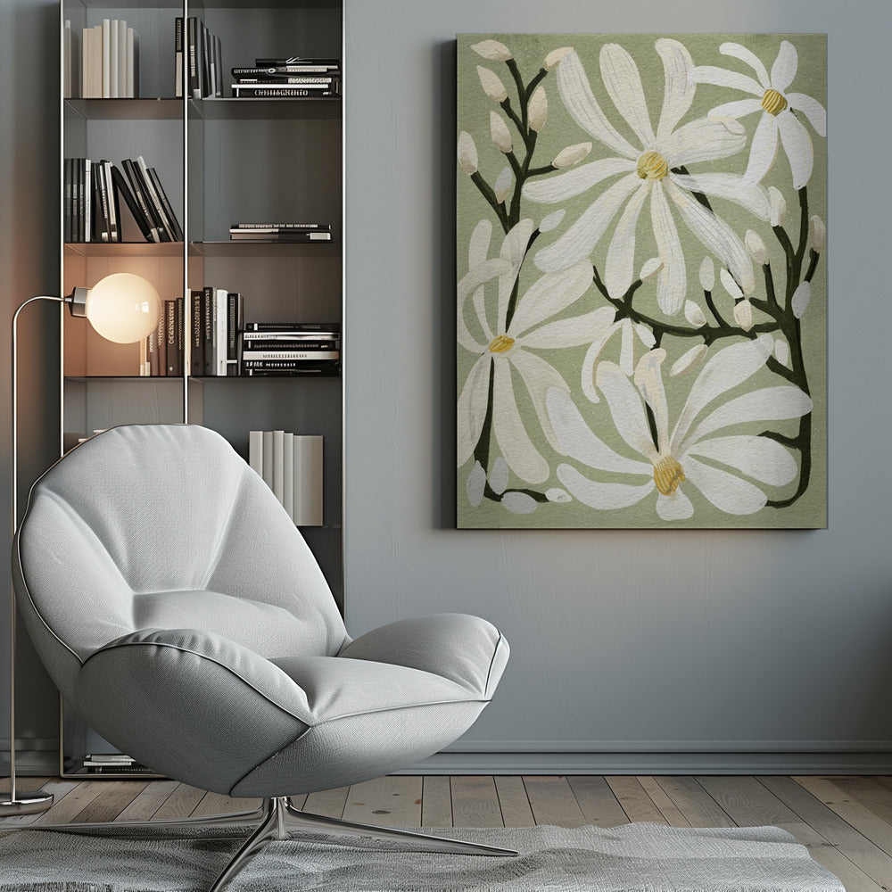 Star Magnolia Florals on Sage background - Poster / Art Print