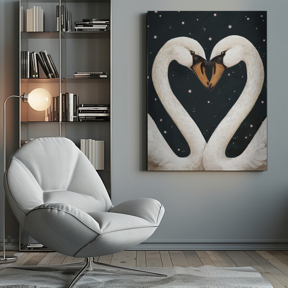 Twilight Swans Navy Sky - Poster / Art Print