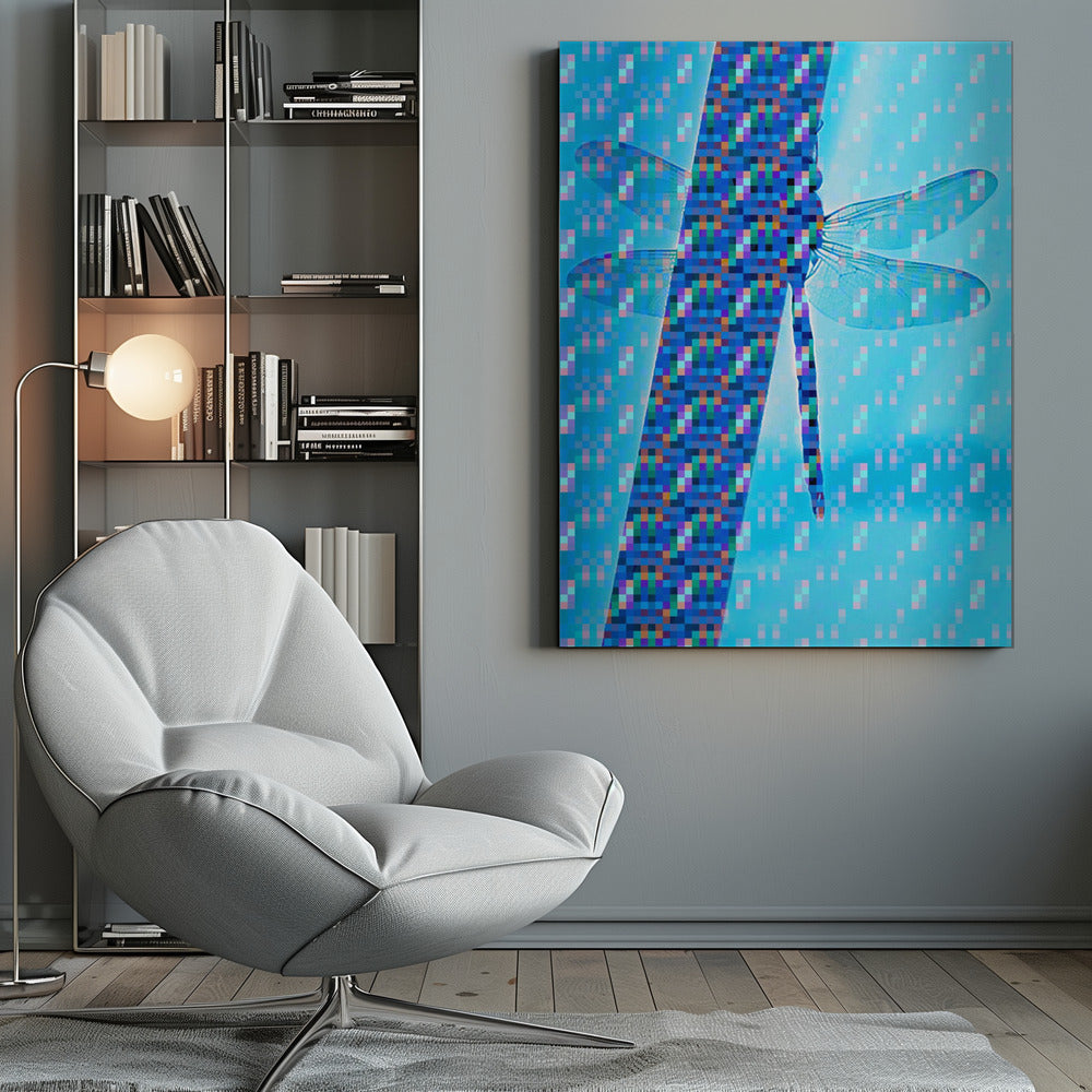 Dragonfly Silhouette with Vibrant Pixel Patterns - Poster / Art Print