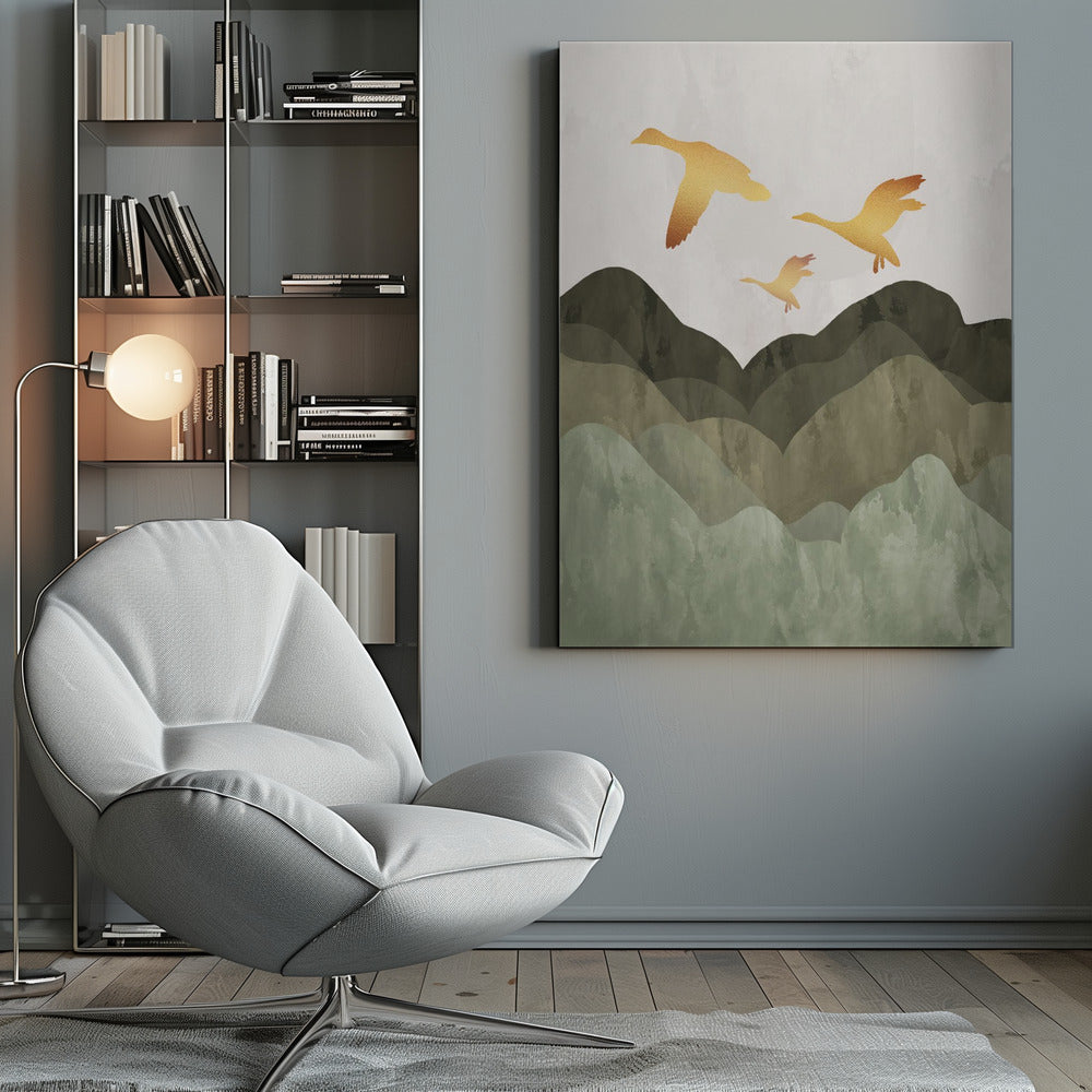 Golden Birds Flying Over Mountains - Poster / Art Print