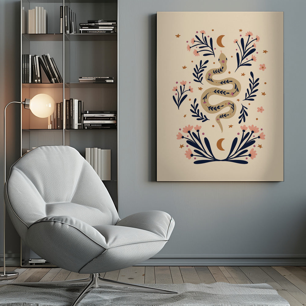 Snake And Flowers Beige And Indigo - Poster / Art Print