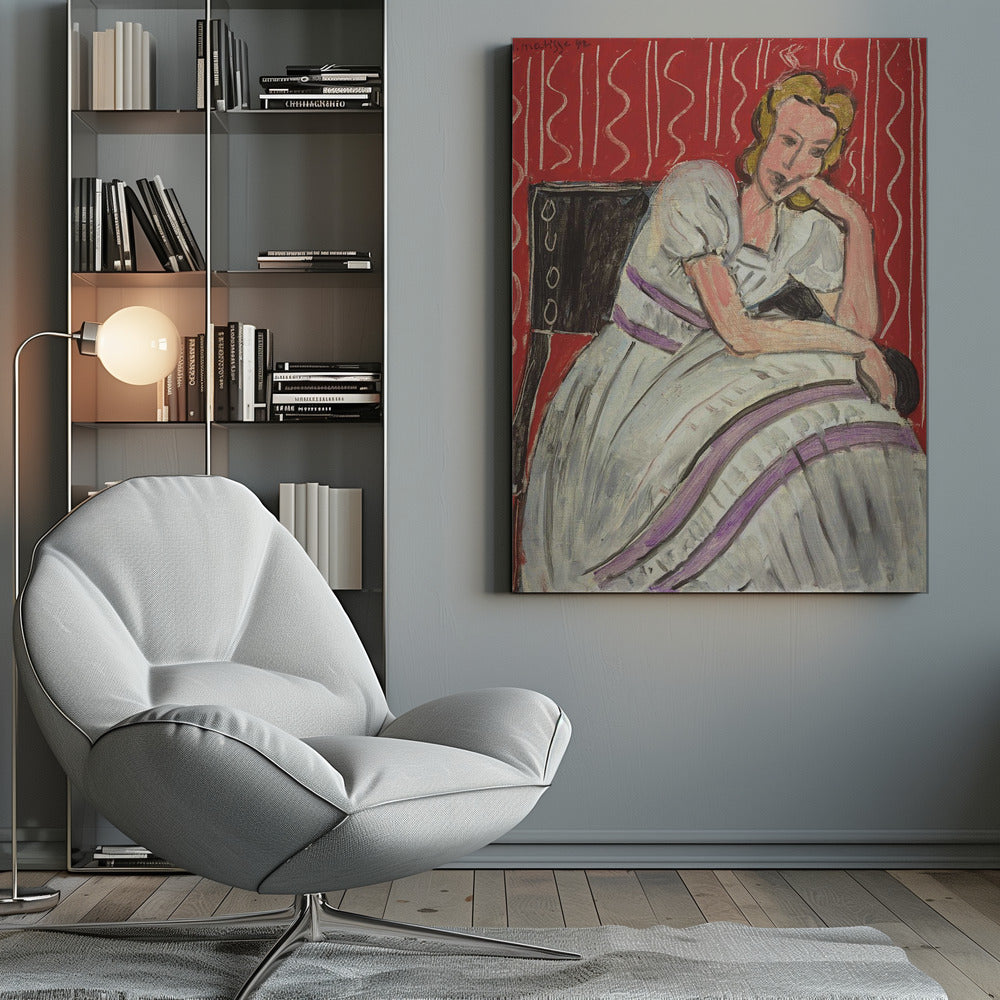 Jeune Femme Assise En Robe Grise - Poster / Art Print