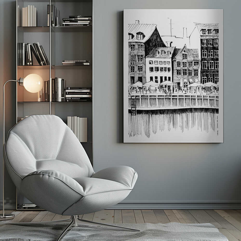 Nyhavn Canal: Copenhagen, Denmark City Drawing - Poster / Art Print