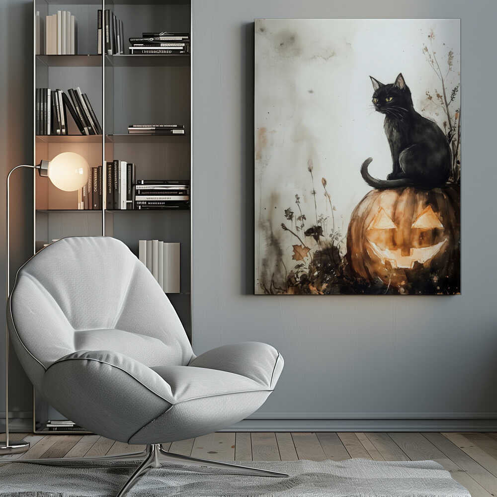 Black Cat and Pumpkin Halloween Scene (2) - Poster / Art Print
