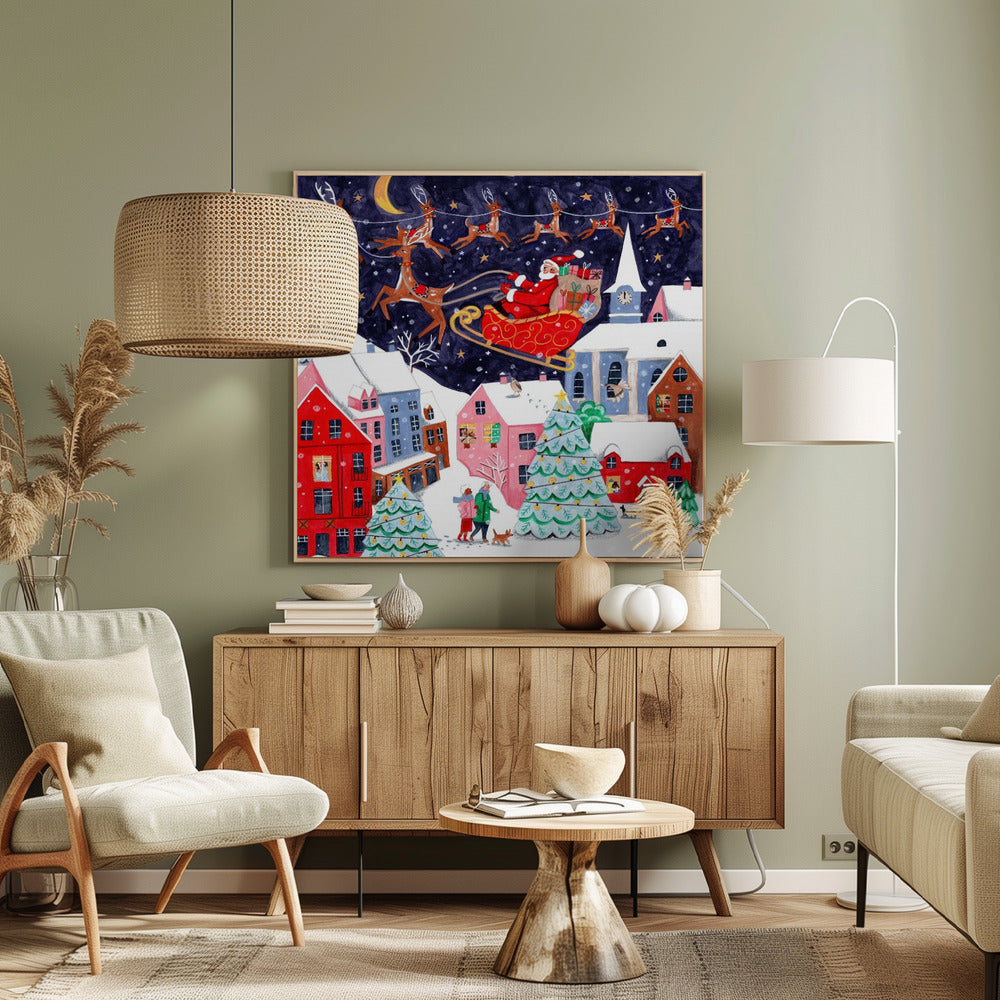 Santa and his Reindeers - Poster / Art Print
