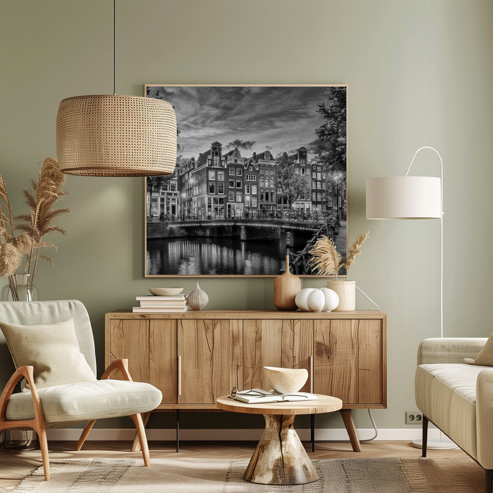 AMSTERDAM Idyllic impression from Singel - Monochrome - Poster / Art Print
