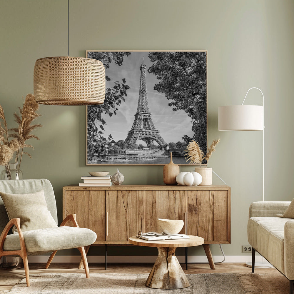 PARIS Eiffel Tower & River Seine - Monochrome - Poster / Art Print